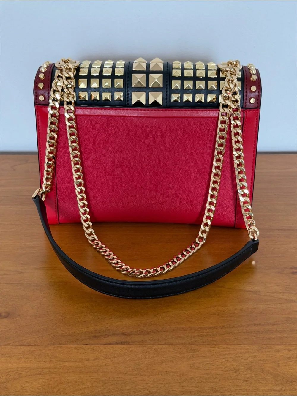 Michael Kors Whitney Studded Chain Strap Shoulder Bag - Red Burgundy Black